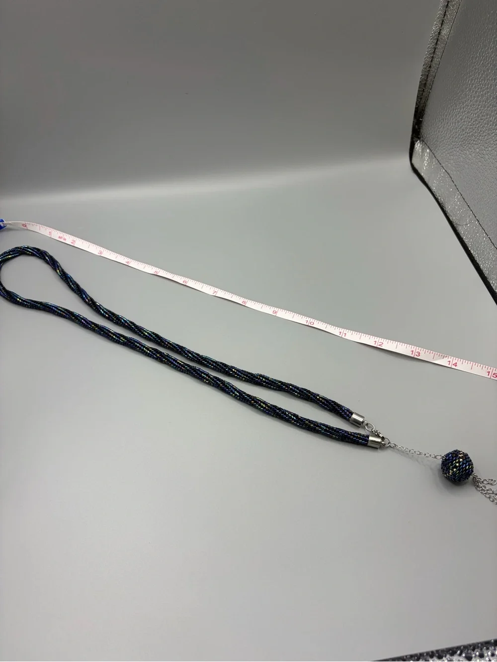 Iridescent Navy Beaded Rope Necklace with Tassel Pendant